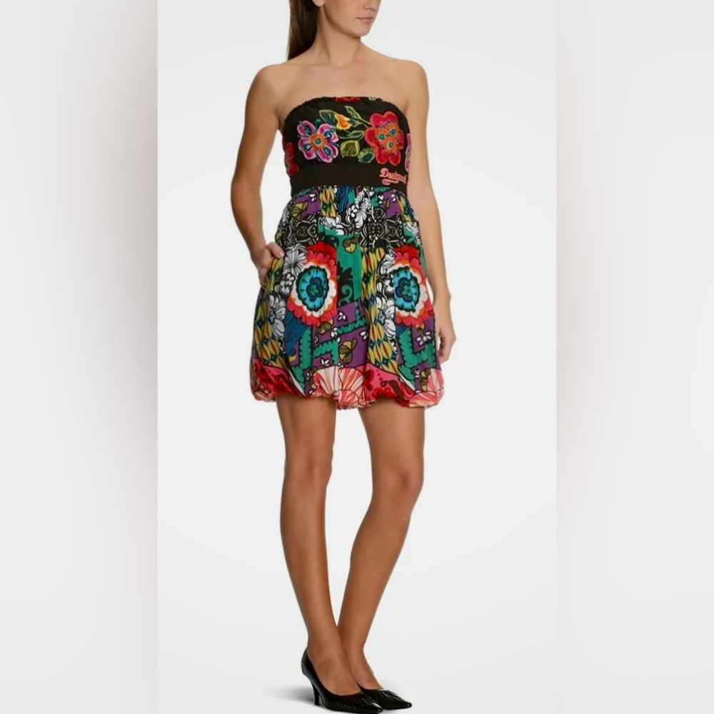 Desigual Strappless Viktoria Vibrant Floral Mini Dress w Bubble Hem & Waist Tie